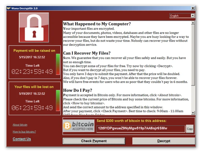 展示WannaCry 勒索病毒的截图，显示如何支付赎金。