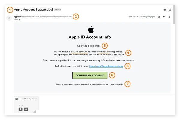 钓鱼诈骗邮件的范例，伪装成 Apple。